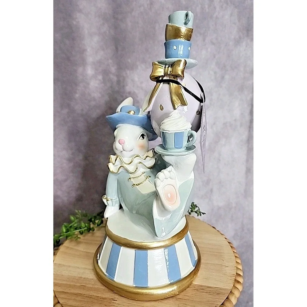 Easter Spring Blue Pastel Mad Hatter Bunny Rabbit Balancing Teacups Figurine 12
